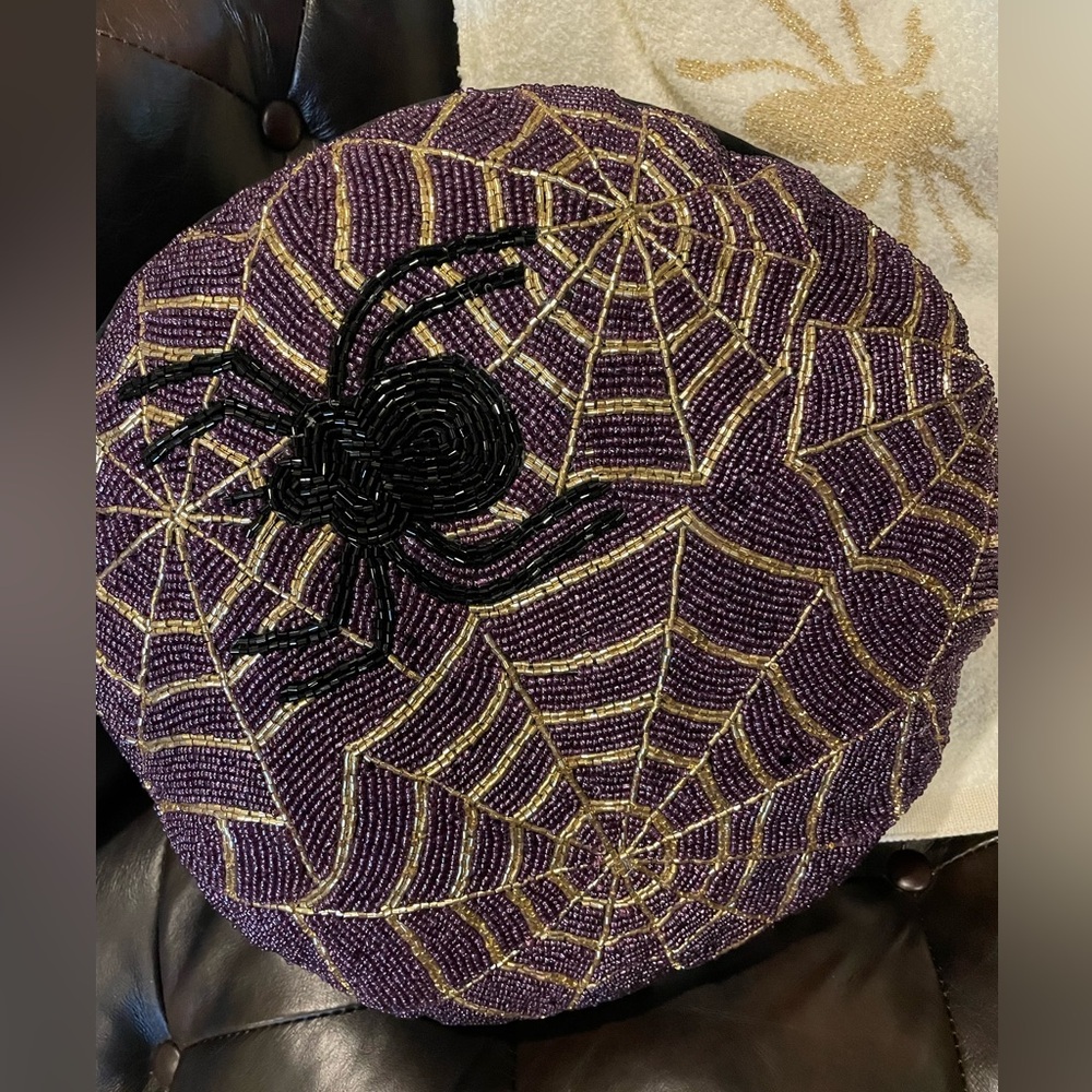 NWOT Halloween Beaded Spider In Web Decorative Throw Accent Pillow